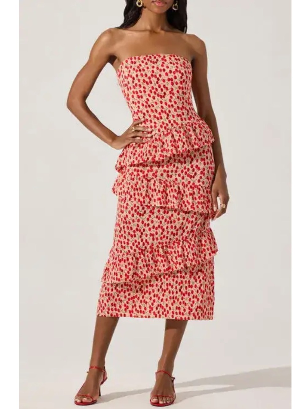Astr Plisse Tiered Ruffle Strapless Midi Dress Small